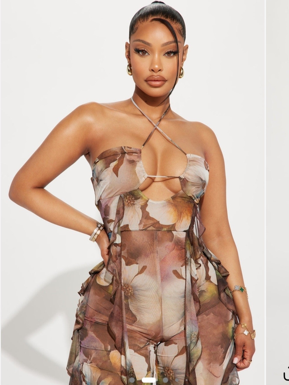 Fashion Nova Brown Multi Floral Ruffle Wide-Leg Jumpsuit - Picture 2 of 3